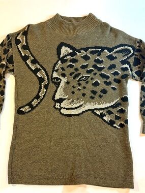 Vintage Dressy Tessy Brown/Black With Leopard Mock Neck Womens Sweater Sz Med